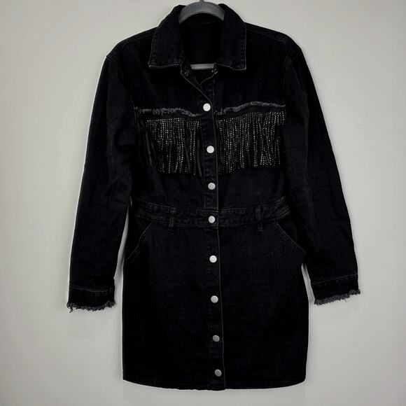 Rhinestone Tassel Raw Hem Long Sleeve Denim Jacket OR Mini Shirt Dress, Medium - Picture 5 of 8